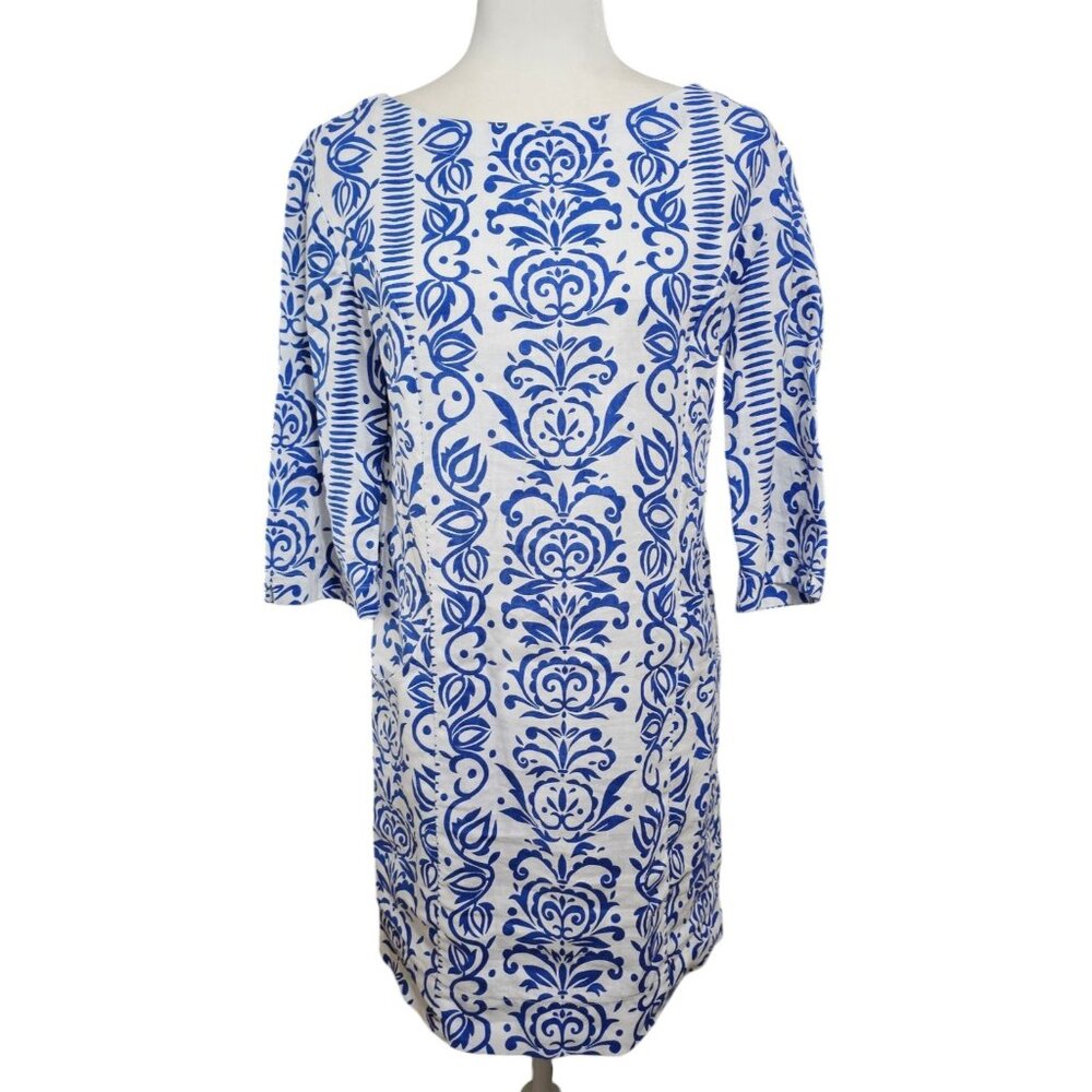 Boden Laurie Linen Shift Dress Womens 2P Blue & White Patterned 3/4 Sleeve